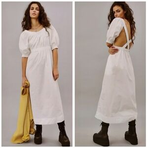 Free People White Cotton Open Cross Back Bernadette Midi Dress, L